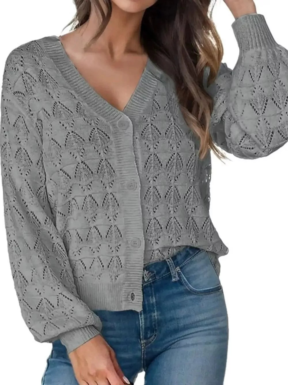 V-neck Openwork Button-down Knit Cardigan in White, front view
