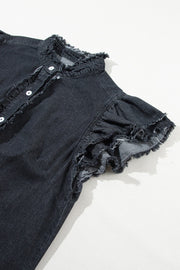 Black denim button-up shirt with frayed ruffle trim on collar and sleeves