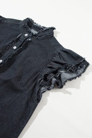 Black denim button-up shirt with frayed ruffle trim on collar and sleeves