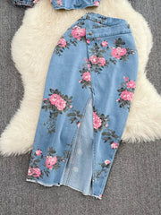 Floral sweetheart cami and skirt denim set with pink floral print and front slit skirt