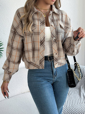 Cropped plaid shacket in Taupe with gathered sleeves and button front.