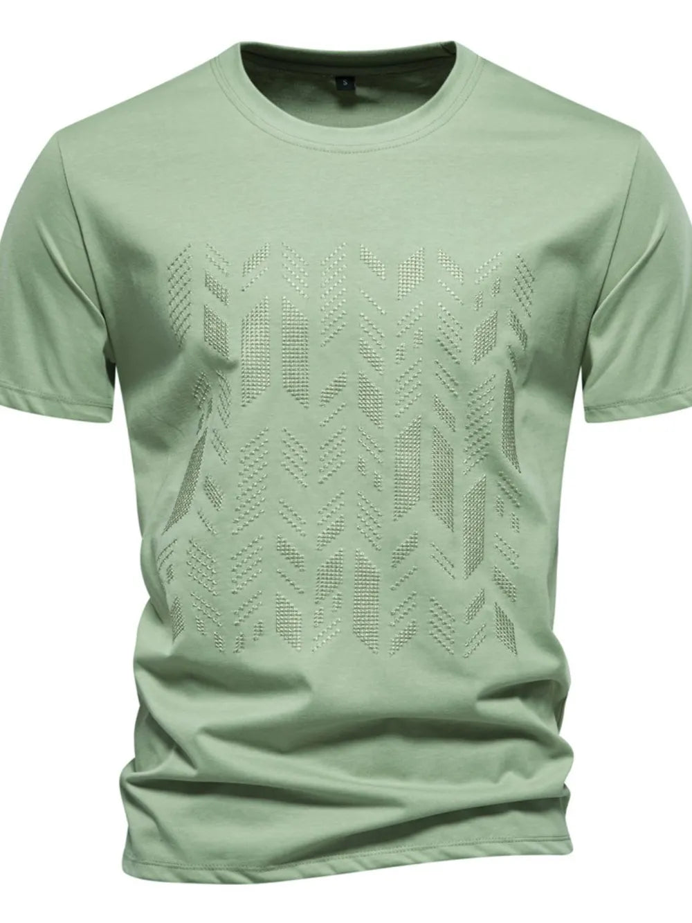 Embossed geometric tee in Gum Leaf green with a crew neck and short sleeves.