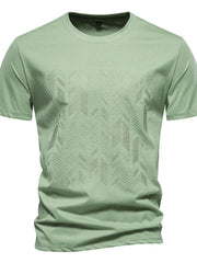 Embossed geometric tee in Gum Leaf green with a crew neck and short sleeves.