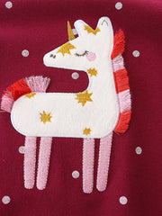 Burgundy baby sweatshirt with embroidered unicorn and stars detail.