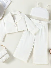 Toddler white three-piece blazer set with cropped jacket, cami, and wide-leg pants.