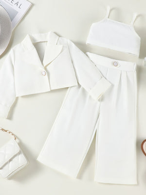 Toddler white three-piece blazer set with cropped jacket, cami, and wide-leg pants.