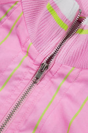 Pink striped half-zip polo shirt with a ribbed collar and white and lime green stripes.
