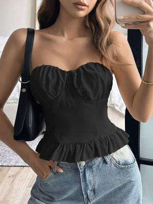 Black strapless tube top with ruffled hem and sweetheart neckline.