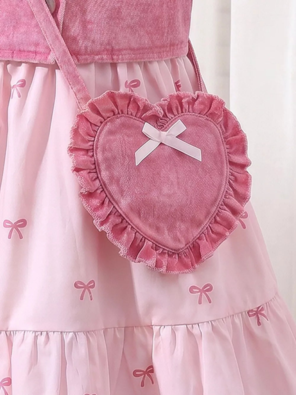 Children's Bow Print Puff Sleeve Dress Set in Pink, close-up detail