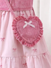 Children's Bow Print Puff Sleeve Dress Set in Pink, close-up detail