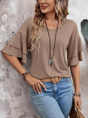 Tiered sleeve jersey tee in mocha with a V-neck and short flutter sleeves.