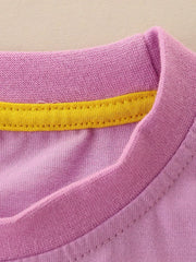 Toddler crew neck t-shirt in lavender cotton blend with yellow trim detail.