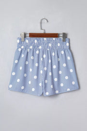 Blue and white polka dot striped shorts with elastic waist and pockets.