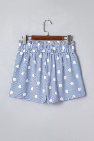 Blue and white polka dot striped shorts with elastic waist and pockets.