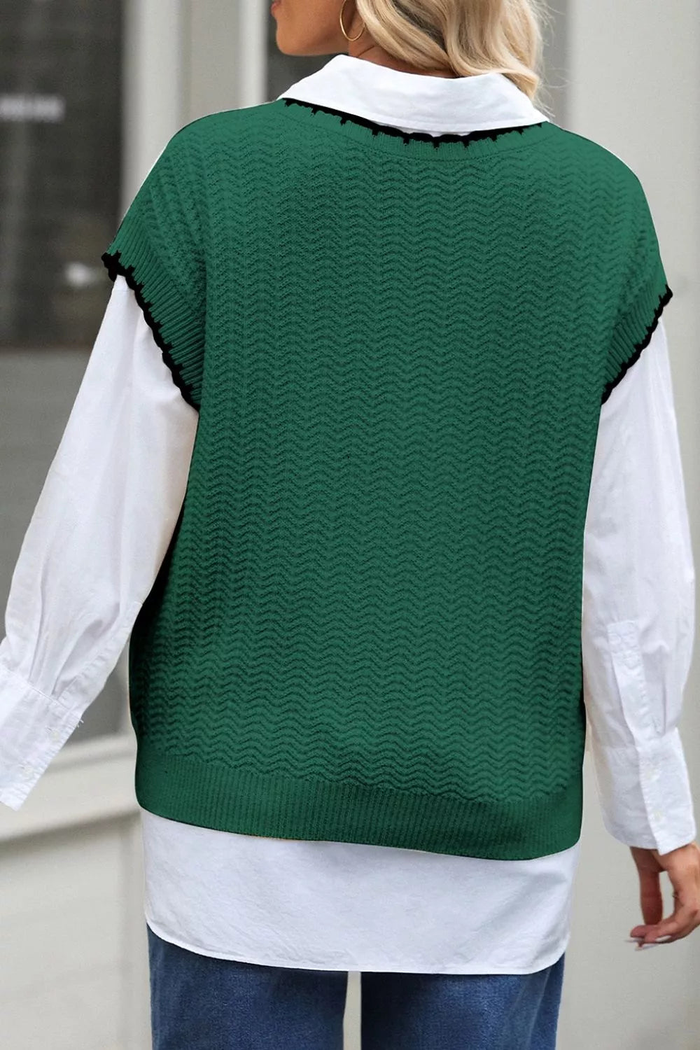 Textured Knit Sleeveless Sweater Vest in Dark Green, fabric detail
