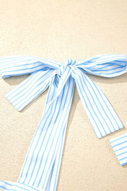 Blue and white striped camisole top with tie straps and matching shorts.