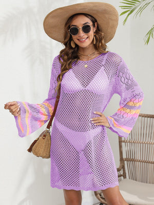 Purple crochet cover-up with bell sleeves featuring colorful stripes, worn over a bikini.