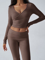 Cross-front long sleeve top and flared lounge pants in Coffee Brown.