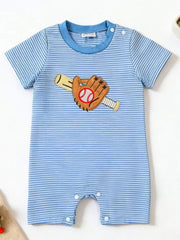Blue striped baby bodysuit with baseball glove and bat embroidery