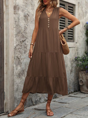 Brown tiered midi sundress with V-neck and button detail