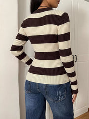 Striped Ribbed Knit Long Sleeve Sweater in Coffee Brown, back view