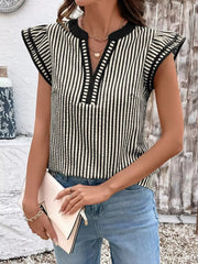 Black and white vertical stripe blouse with ruffle sleeves and V-neck