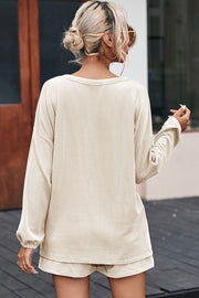 Cream ribbed knit outfit set with long sleeves and shorts