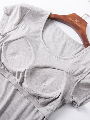 Gray t-shirt with built-in bralette support and scoop neckline.