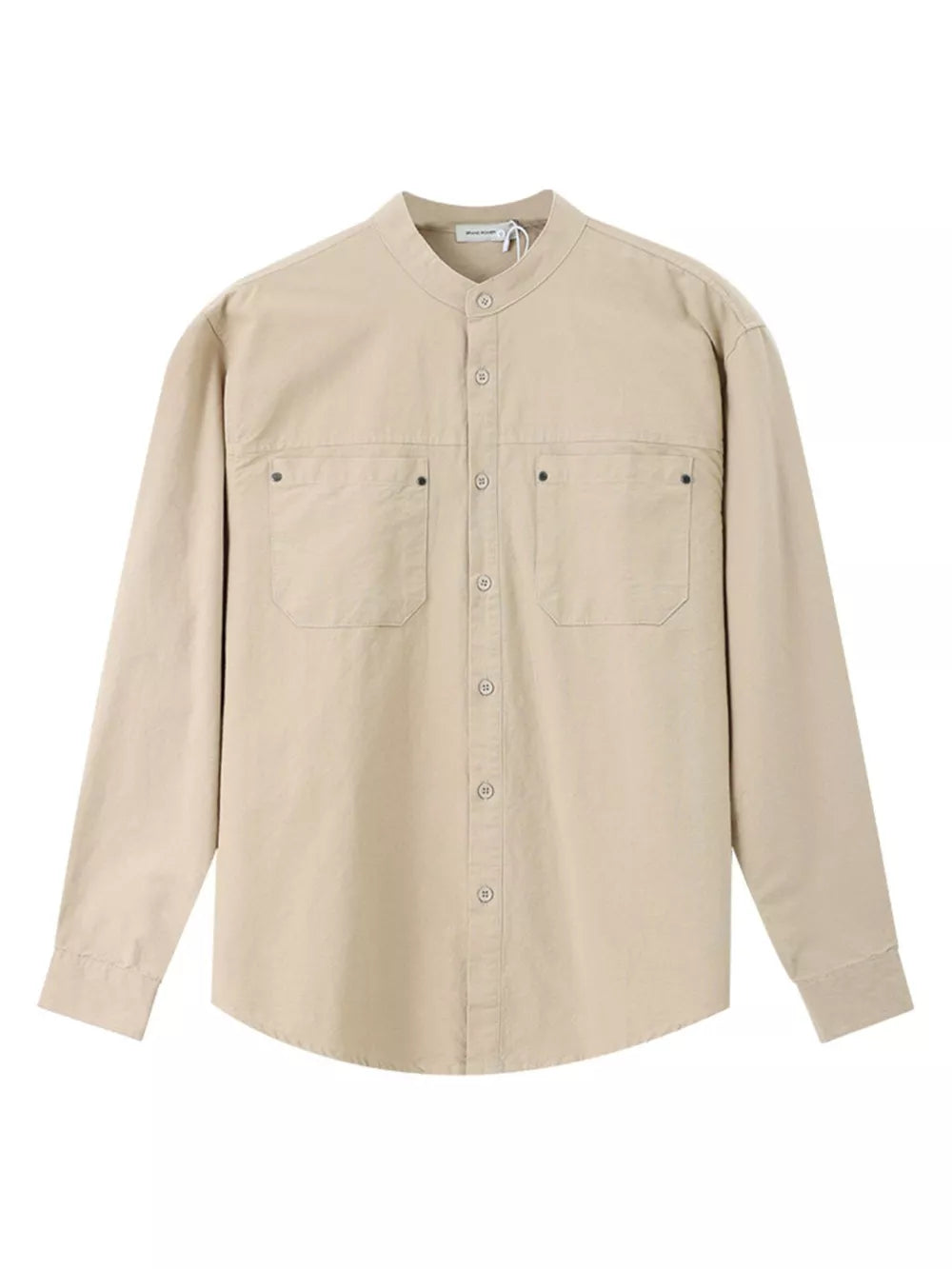 Apricot cotton casual long sleeve shirt with band collar and two chest pockets.