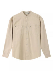 Apricot cotton casual long sleeve shirt with band collar and two chest pockets.