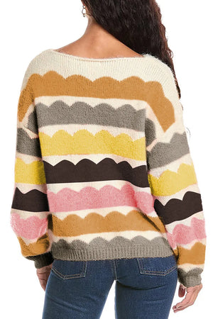 Scalloped stripe off-the-shoulder knit sweater in acrylic with a boat neckline.