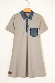 Ribbed knit mini dress in beige with denim collar, button placket, and chest pocket.