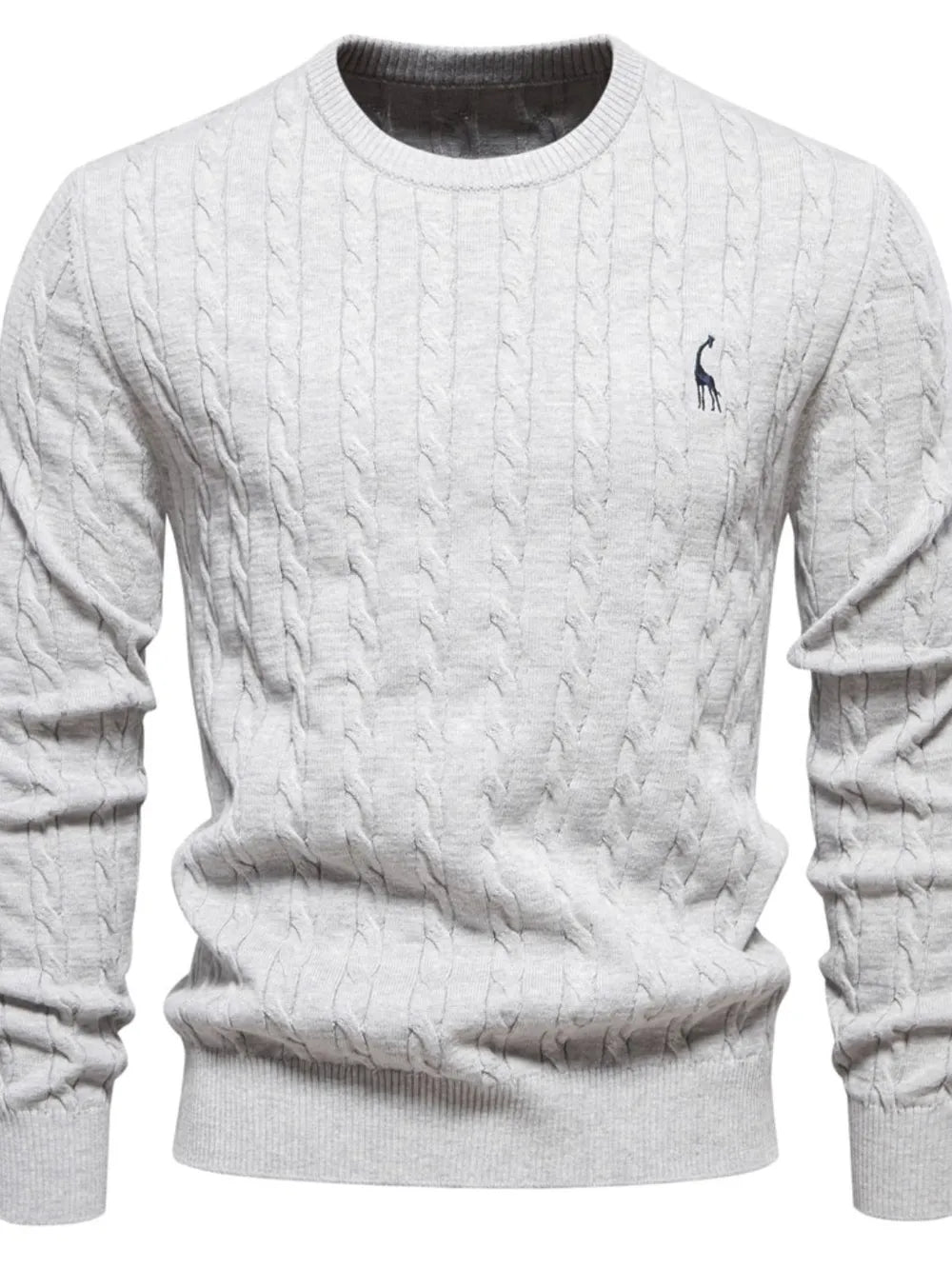 Gray cable knit crewneck sweater with embroidered giraffe detail.