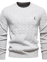 Gray cable knit crewneck sweater with embroidered giraffe detail.