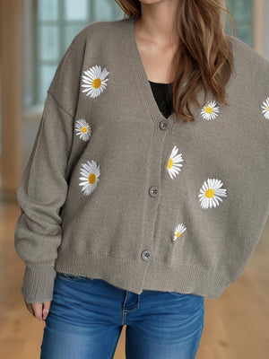 Gray oversized knit cardigan with embroidered daisies, button front, V-neck