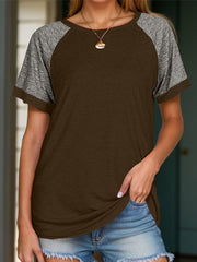Raglan sleeve tee in olive brown with grey sleeves and a crew neck.