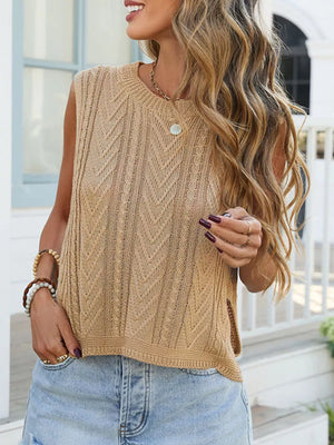 Apricot chevron knit sleeveless sweater vest with crew neck and side slits.
