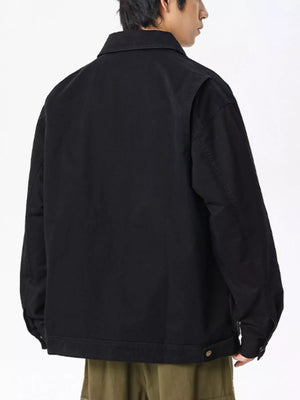 Men's black casual zip-up jacket with collar and button detail