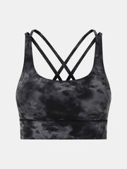 Performance bra in dark gray tie-dye with crisscross straps