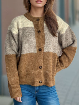 Colorblock crewneck button-down knit cardigan in acrylic with horizontal stripes of beige, gray, and caramel.