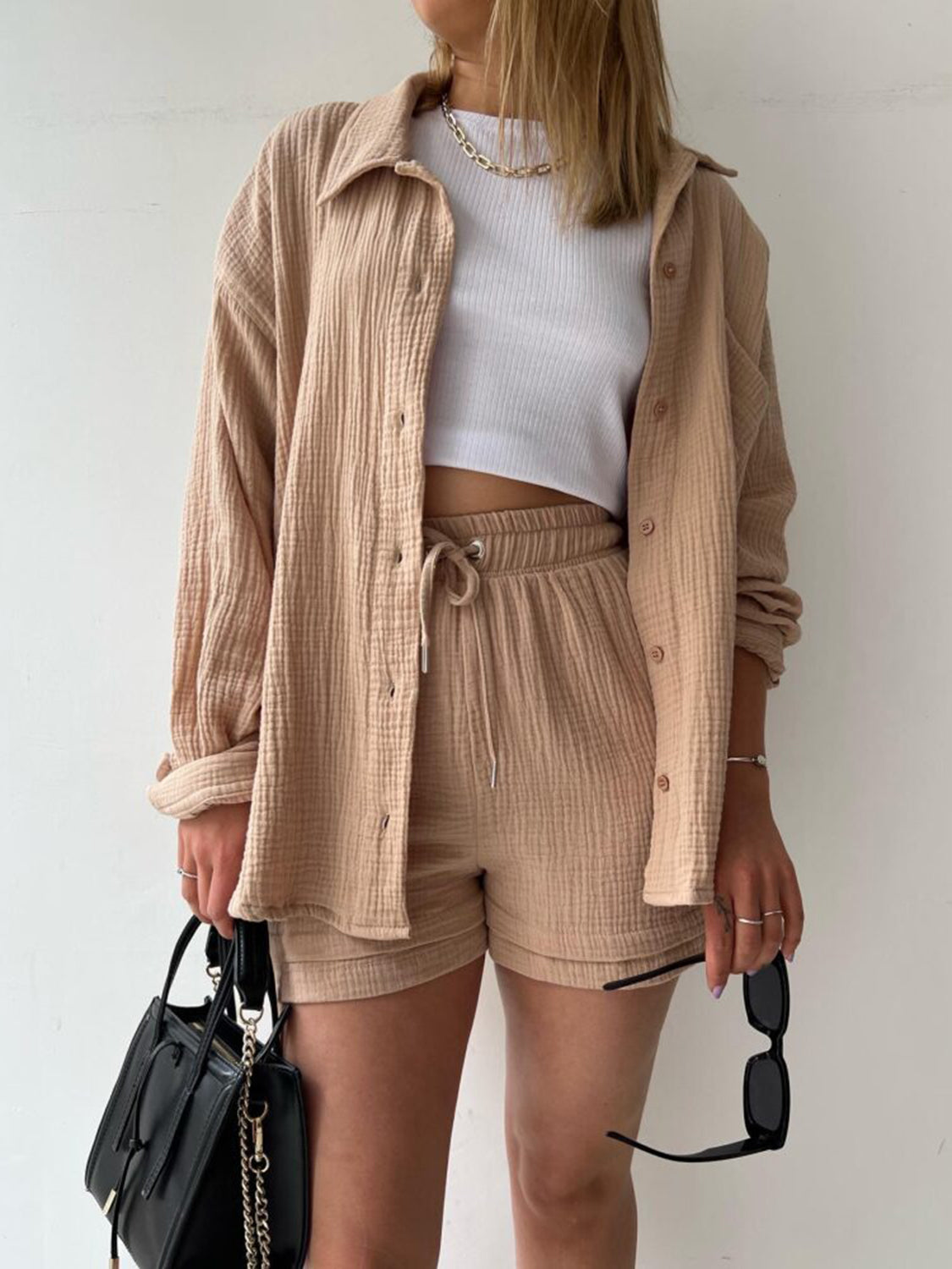 Textured gauze shirt and shorts set in Camel, button-up shirt, drawstring shorts, casual boho style