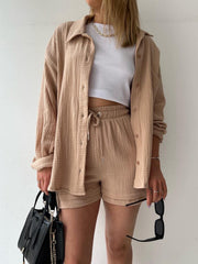 Textured gauze shirt and shorts set in Camel, button-up shirt, drawstring shorts, casual boho style