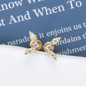 Gold moissanite leaf cluster stud earrings with sparkling stones