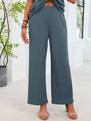 French blue waffle knit wide-leg pants with cutout detail on top