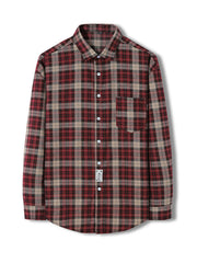 Classic red and brown plaid long-sleeve button-up shirt with chest pocket