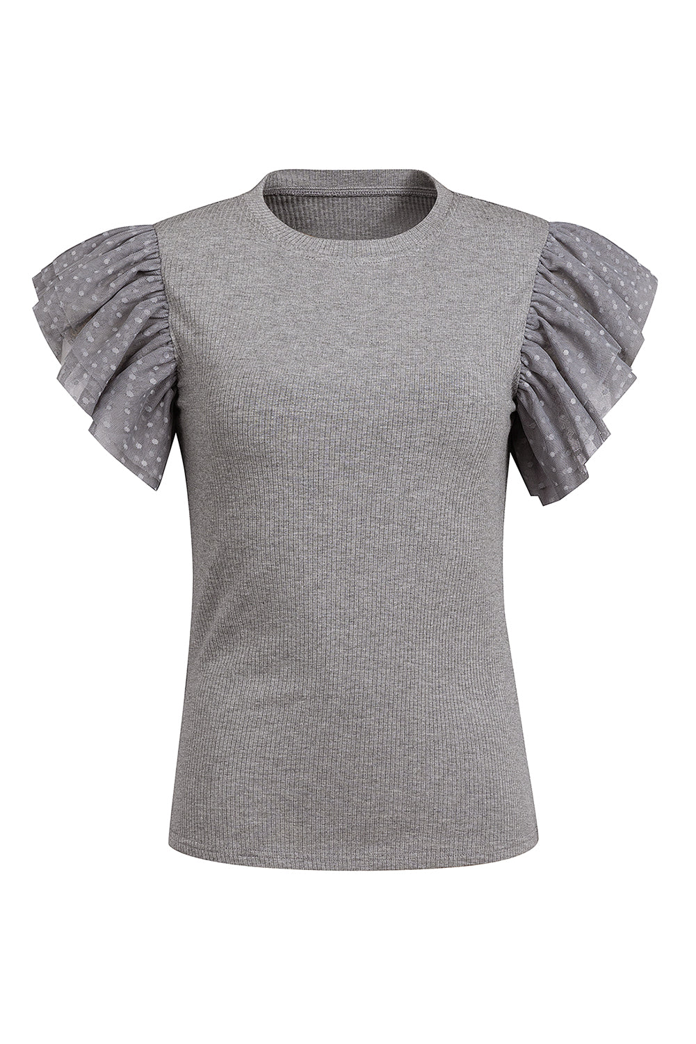Textured puff sleeve ribbed top in dark gray with polka dot sheer sleeves