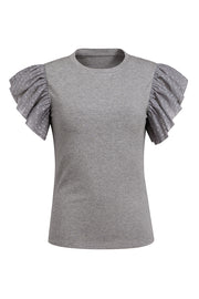 Textured puff sleeve ribbed top in dark gray with polka dot sheer sleeves
