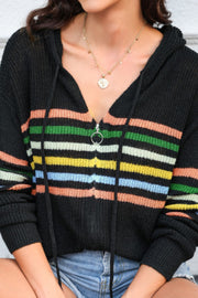 Black knit hoodie with rainbow stripes and zip front.
