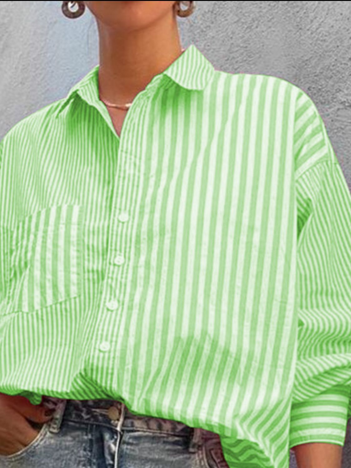 Neon Green oversized stripe button-down shirt with pocket and collar.
