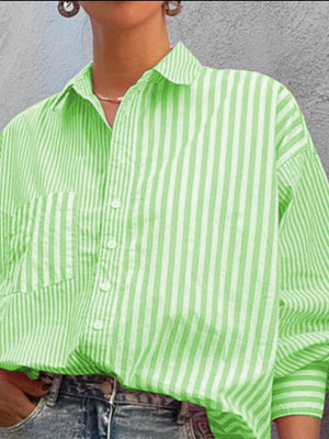 Neon Green oversized stripe button-down shirt with pocket and collar.